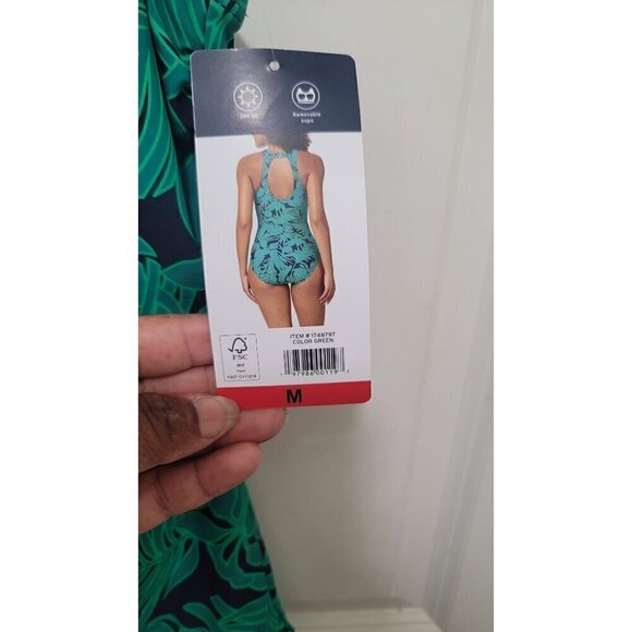NEW LANDS END WOMEN ONE PIECE SWIMSUIT GREEN/BLUE LEAPS PRINT REMOVABLE CUP SIZE - Picture 6 of 7